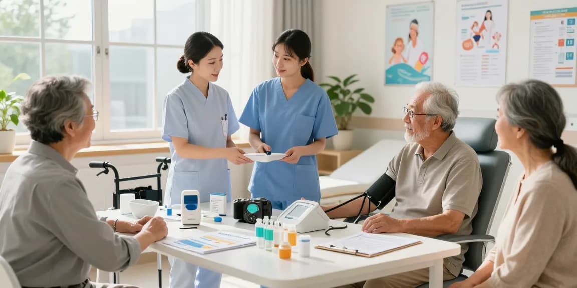 Demonstration of essential health equip in a modern medical facility, showcasing mobility aids and blood pressure monitors to an engaged patient.