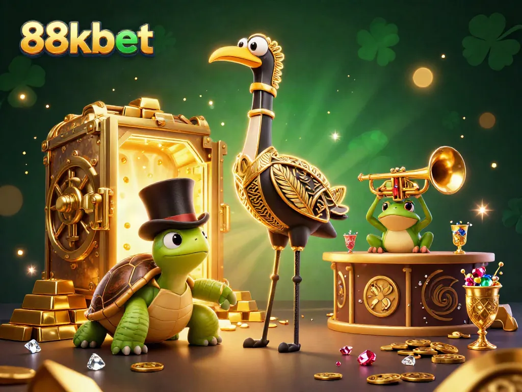 Experience the vibrant gaming atmosphere of 88kbet with a lively 3D illustration featuring a unique fusion of characters and casino elements.