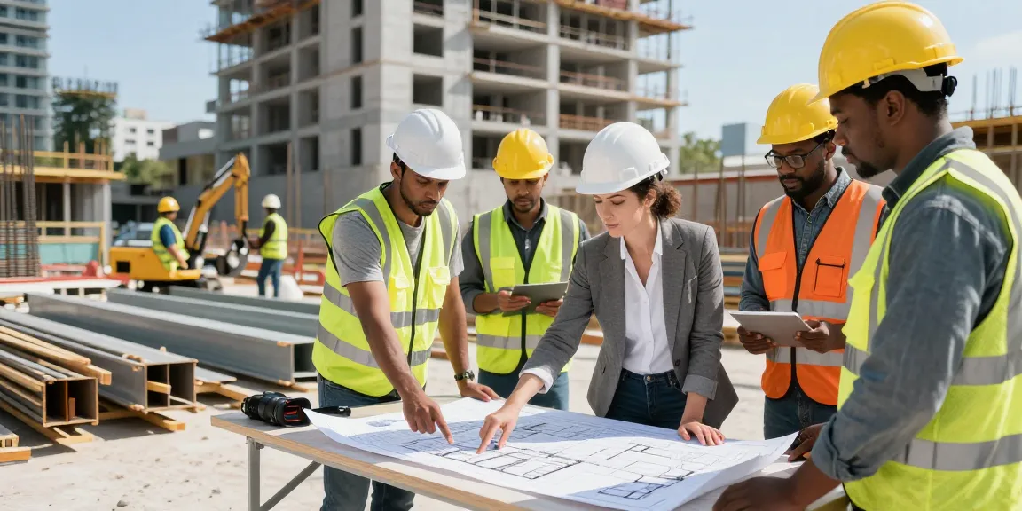 Commercial general contractor Toronto team collaborating on a construction site, showcasing project management and teamwork.