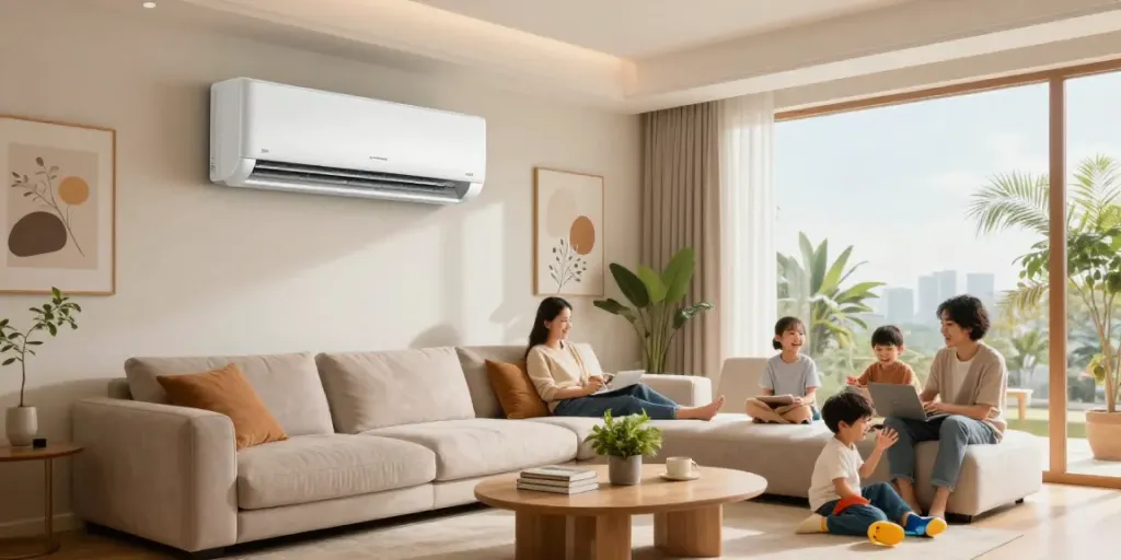 Family enjoying comfort with split ac unit in a modern living room.