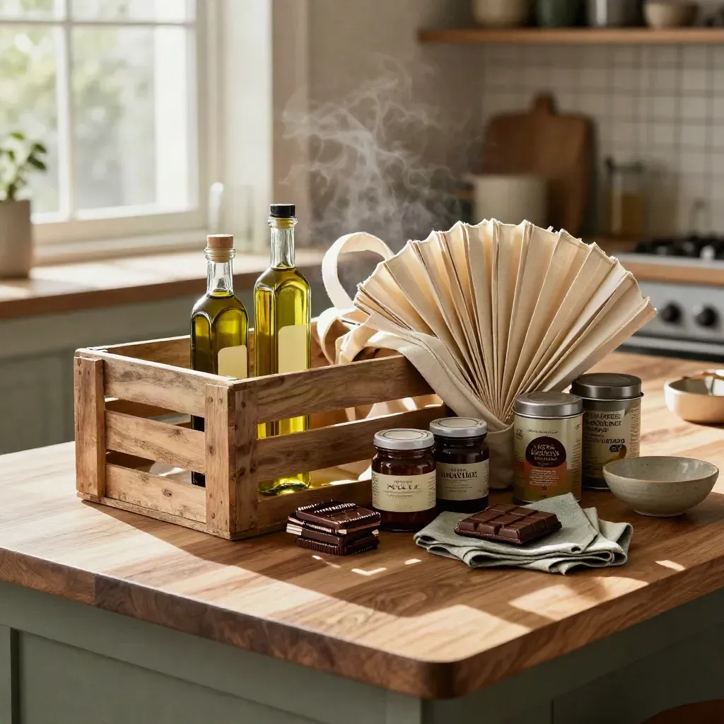 Pantry bundle with oils, sauces, chocolate, coffee and tea spilling from tote and crate on a wood island.