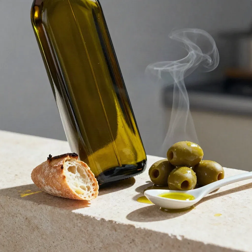 Olive oil bottle with bread heel, olives, and ceramic spoon on a pale stone ledge.