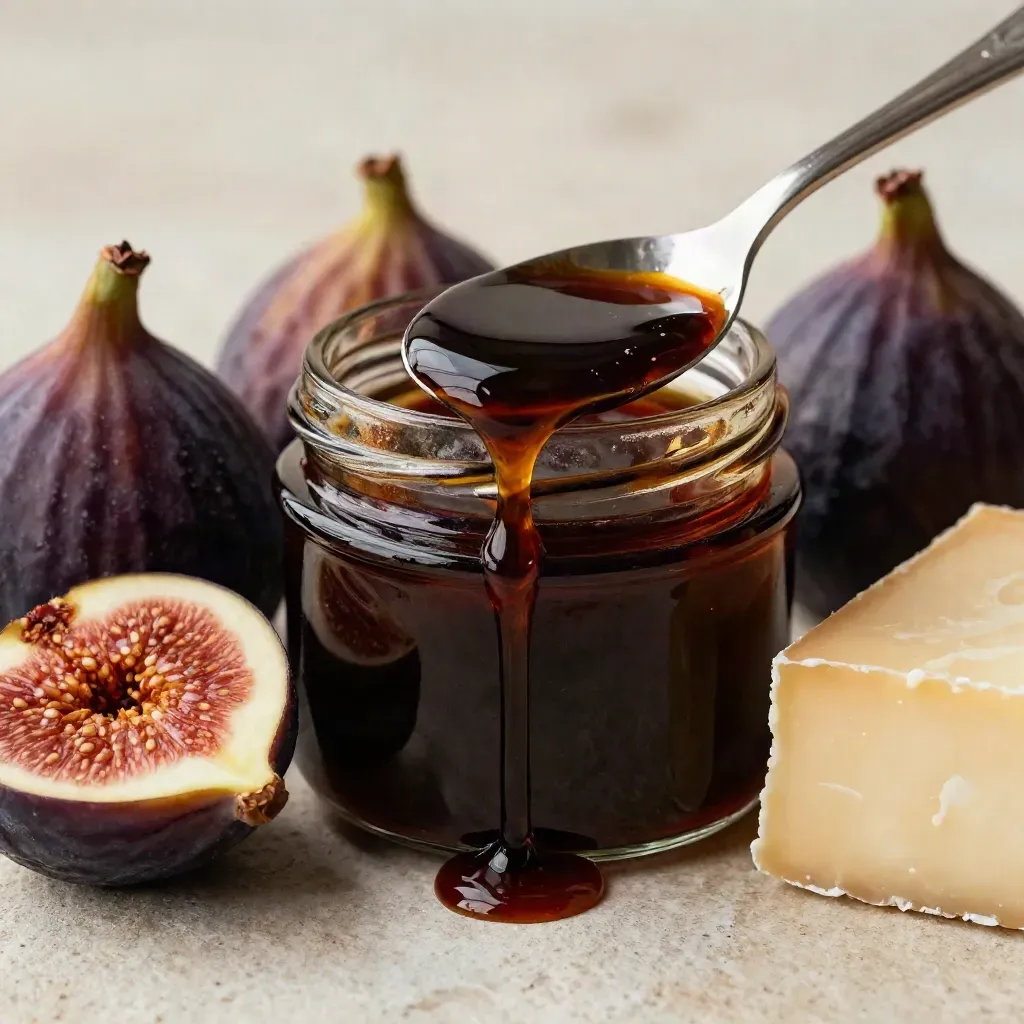 Glazed fig jar with spoon, roasted figs, and cheese wedge on brushed stone.