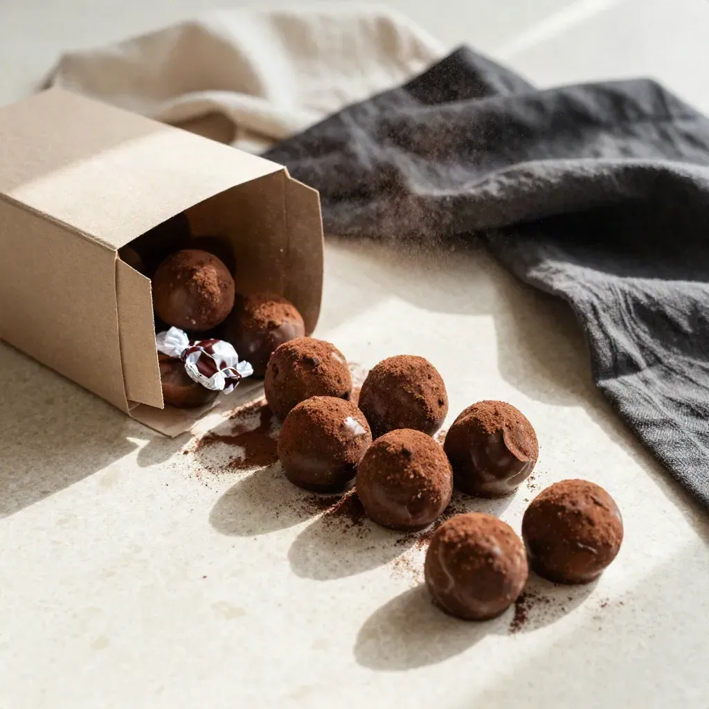 Half-open box of sea salt caramel truffles on travertine with cocoa dust and wrapped candies