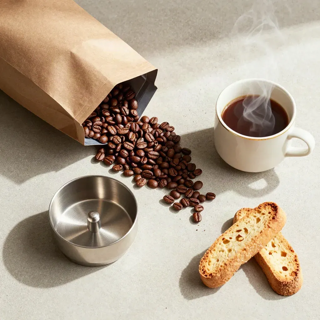 Top-down coffee beans spilling beside a grinder bowl, gold-rimmed demitasse and biscotti on pale concrete.