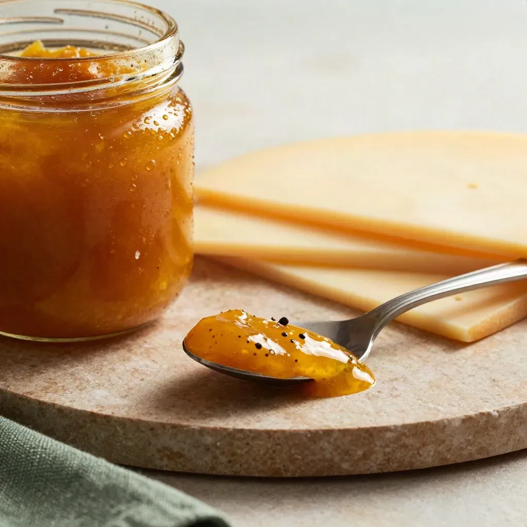 Macro of an amber mango chutney jar with spoon, cheddar slices, and a glossy smear on warm stone.