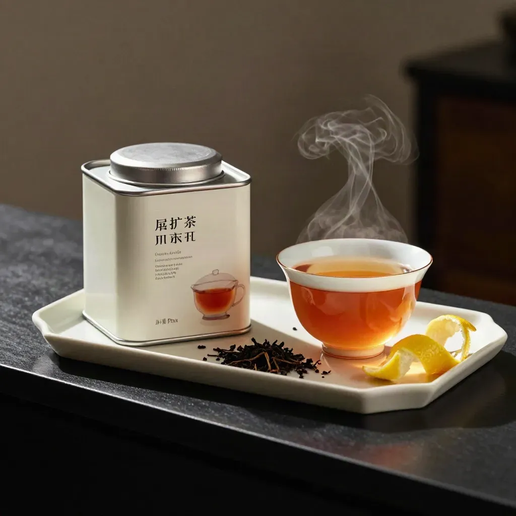 Tea tin and steaming cup with lemon peel on a tray, dramatic studio lighting