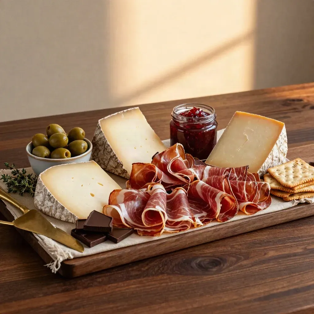 Charcuterie bundle in progress with cheeses, meats, olives, crackers, preserve and chocolate on dark wood.