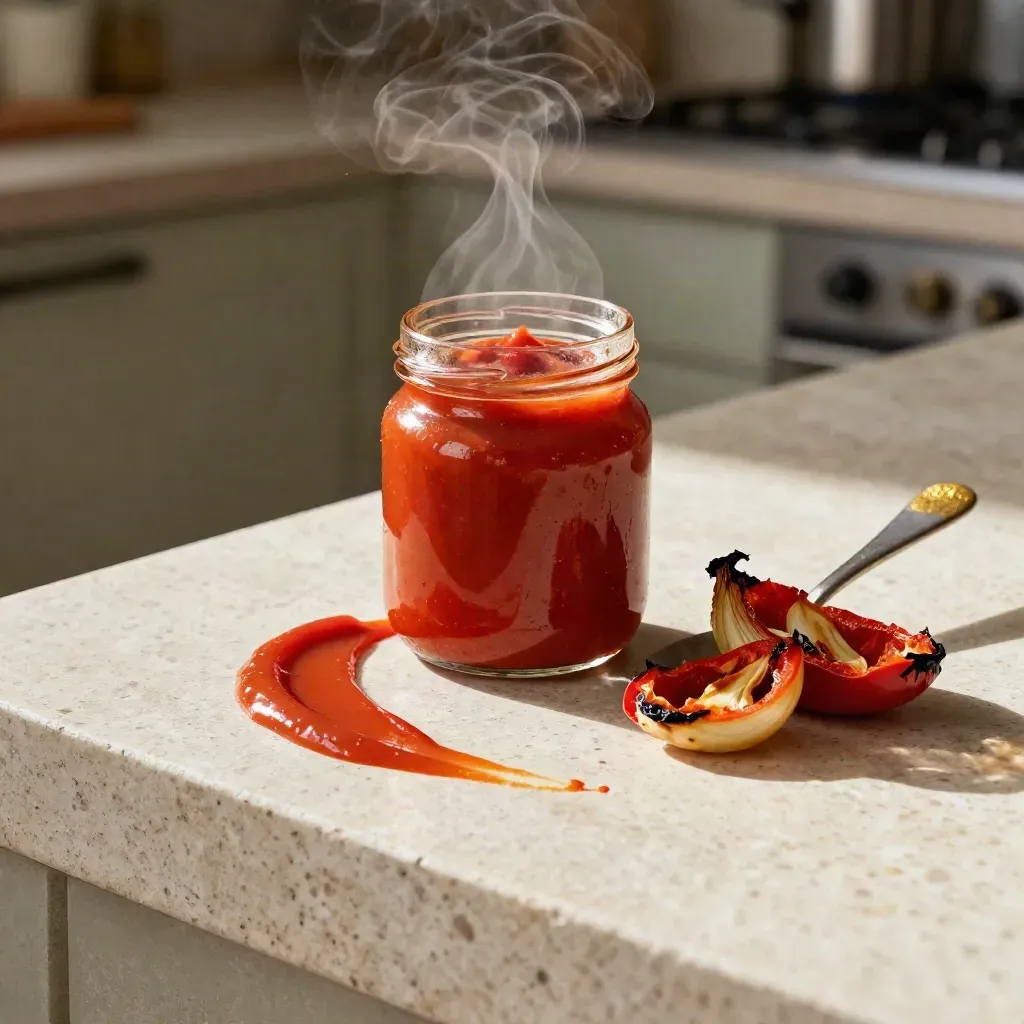Roasted red pepper sauce jar with peppers, charred onion, and ceramic spoon on travertine.