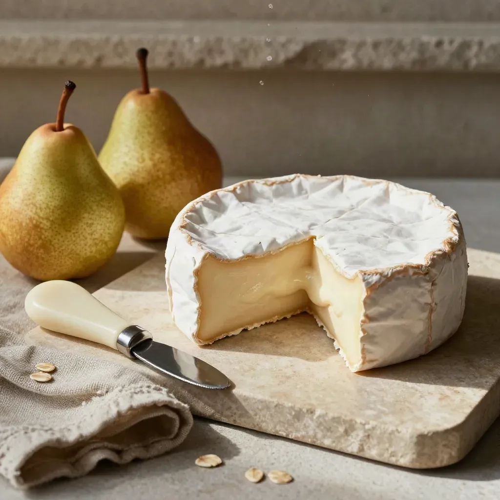 Brie wheel with cut wedge, pears, linen cloth and a cheese knife on pale stone.