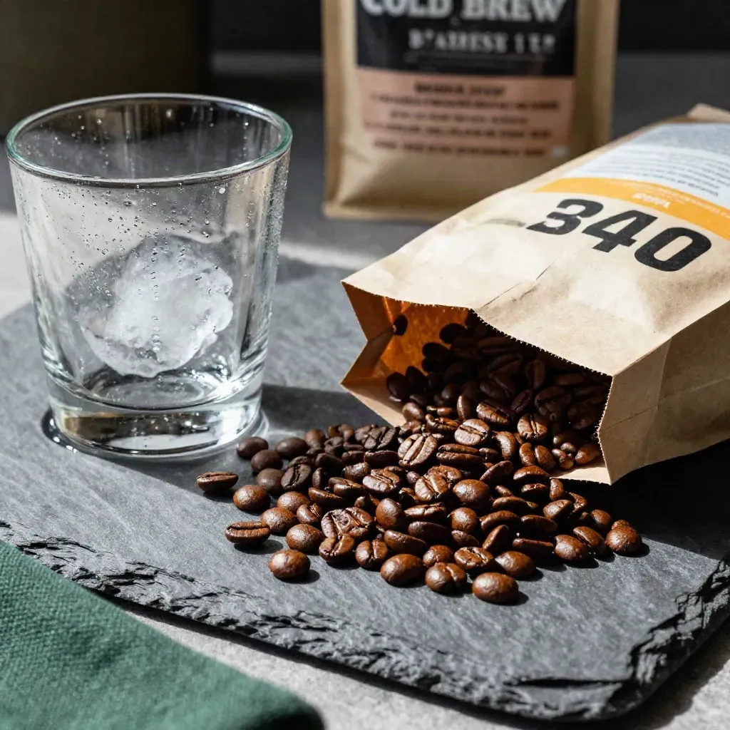 Unbranded cold brew coffee beans spilling beside an iced tumbler on slate, with condensation and dark beans.