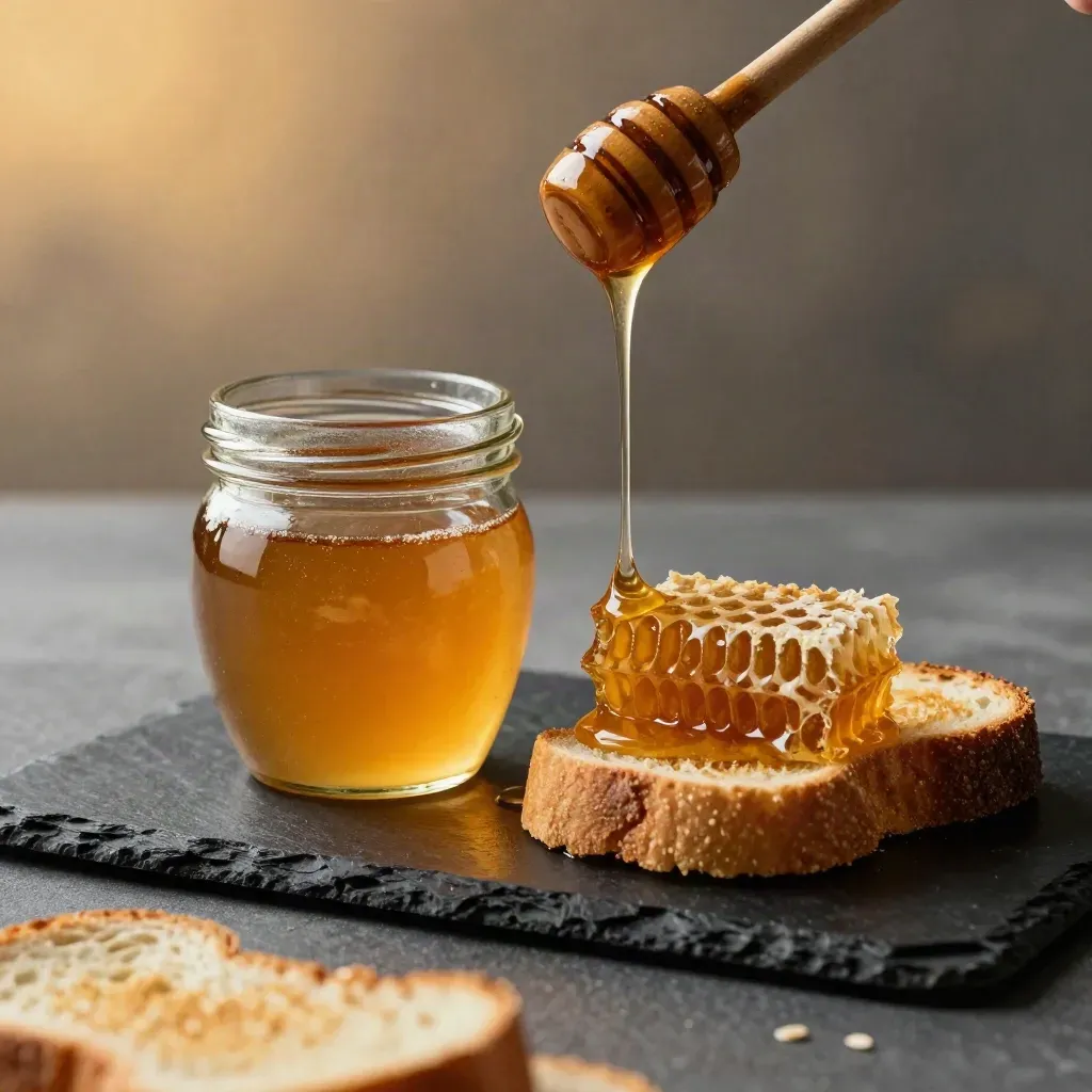 Wildflower honey jar with dipper, comb, and toasted bread in dramatic studio light.