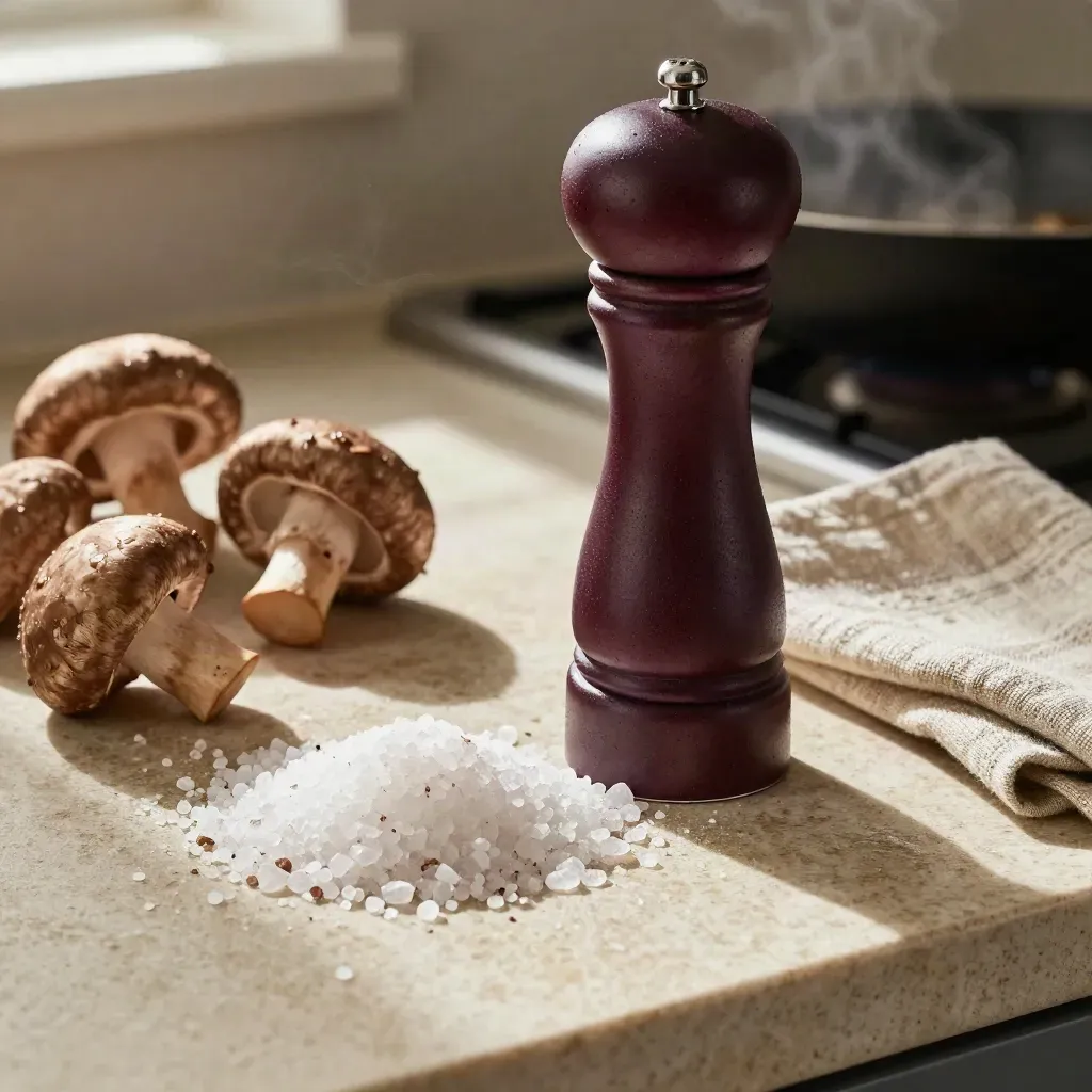 Truffle salt grinder beside mushrooms and coarse salt on linen, lit from the side.