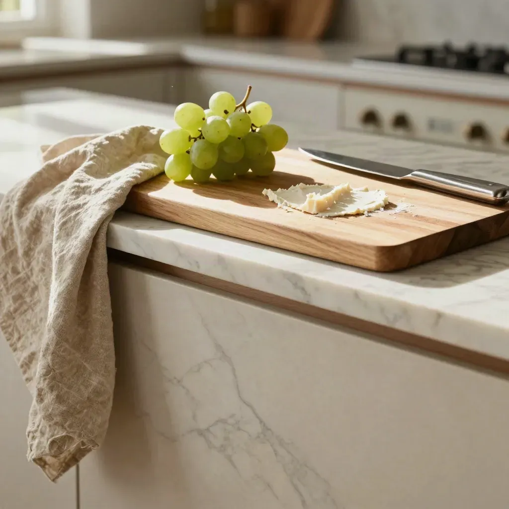 Sunlit marble prep counter with board, linen, grapes and a knife, calm space for cheese-board copy