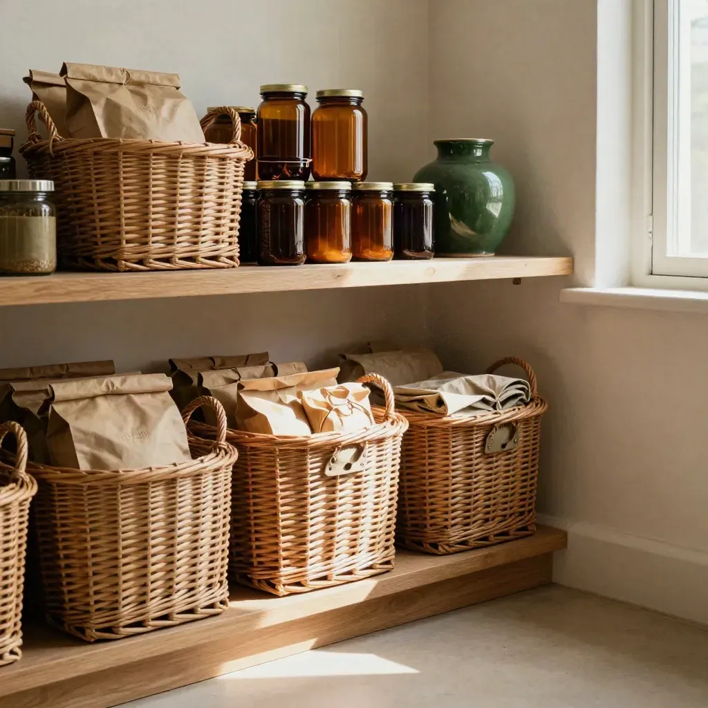 Pantry nook with wicker baskets, kraft wrap, amber glass, and soft morning window light.