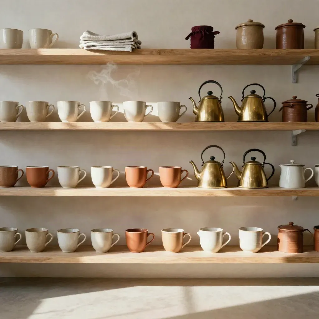 Sunlit café shelf with mugs, brass kettle, canisters, steam, and calm copy space.