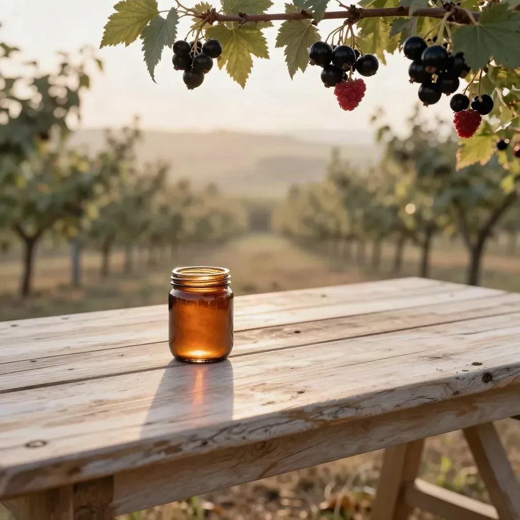Orchard table with berry branches and a jam jar silhouette in warm sunset haze.