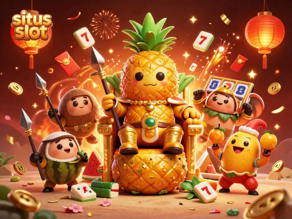 Experience the excitement of situs slot with a vibrant 3D illustration of a golden pineapple king and dynamic casino elements.