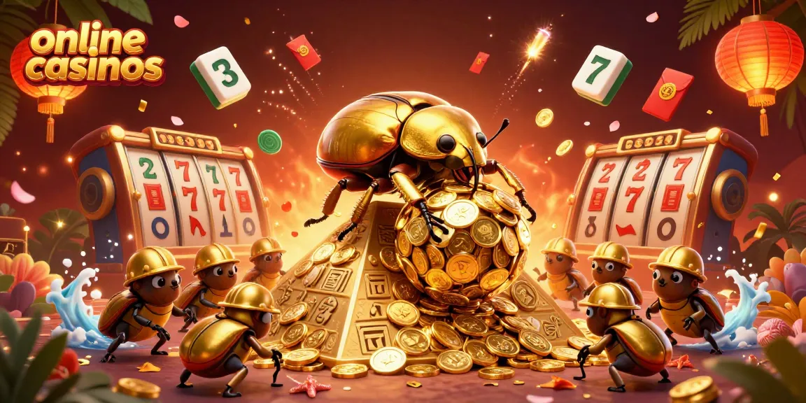 Experience interactive online casinos through a vibrant 3D illustration showcasing golden beetles and slot reels.