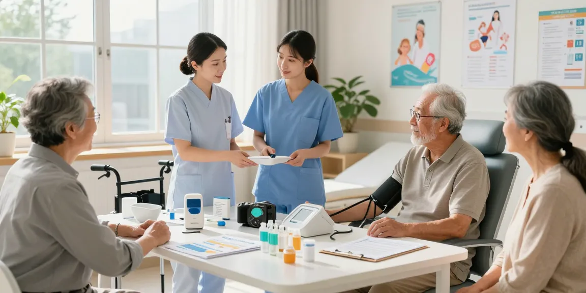 Demonstration of essential health equip in a modern medical facility, showcasing mobility aids and blood pressure monitors to an engaged patient.