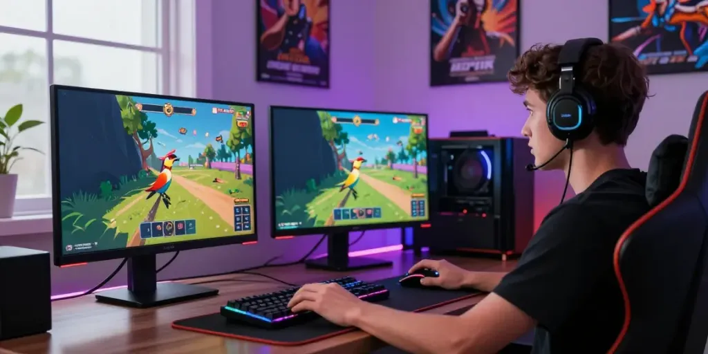 Engaging virtual bird-catching game on rokok 88 display in a modern gaming setup.