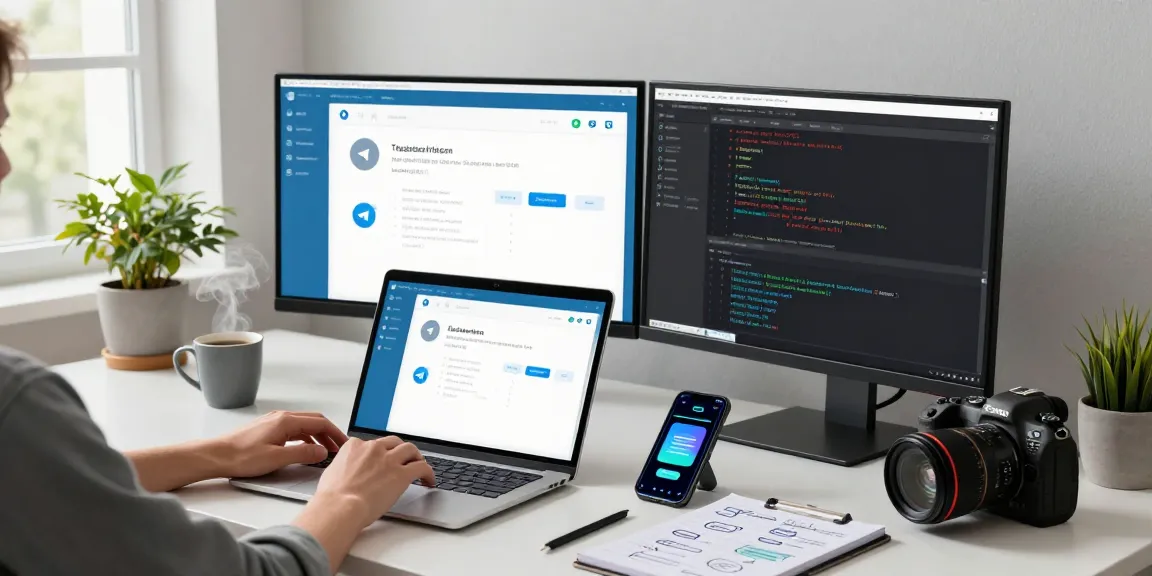 User engaging with the Telegram Web Version on a modern laptop in a bright office space.
