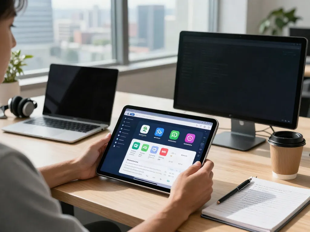 Explore GB WhatsApp APK download options on a tablet in a modern tech workspace at https://gbapps.net/gbwhatsapp-apk-dl/ with vibrant colors and gadgets.
